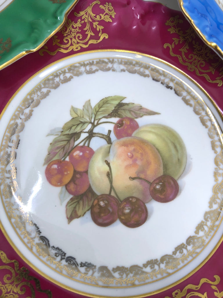 6 SMALL GOLD & COLORED RIM PLATES W FRUIT.
