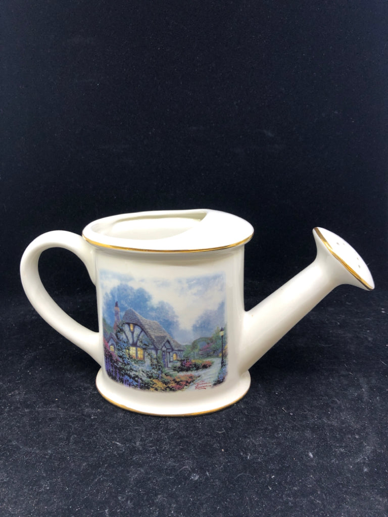 THOMAS KINKADE WATERING CAN WITH GOLD TRIM PLANTER.