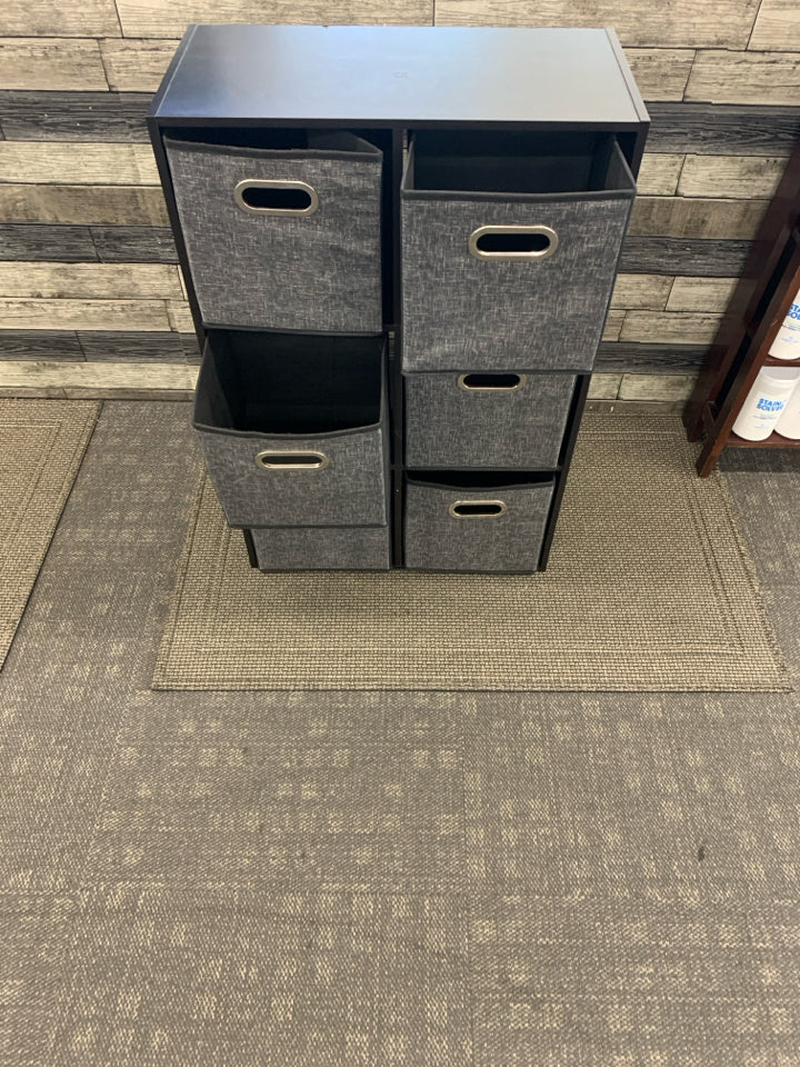 6 CUBE SHELF WITH FABRIC BINS.