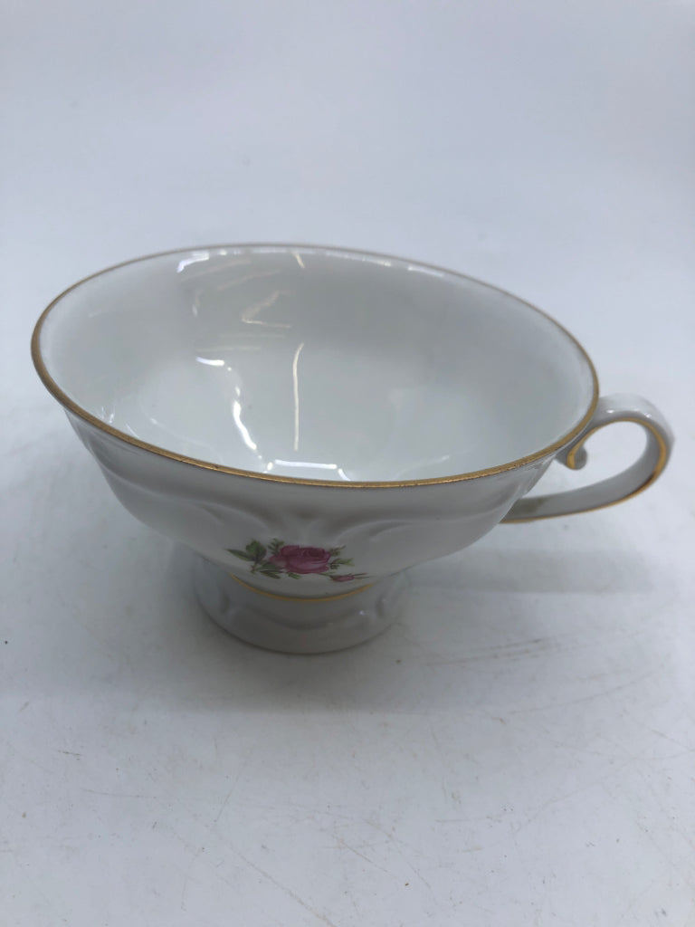 8 PC CUP/SAUCER SET WHITE W/ PINK ROSES GOLD RIM BAVARIA.