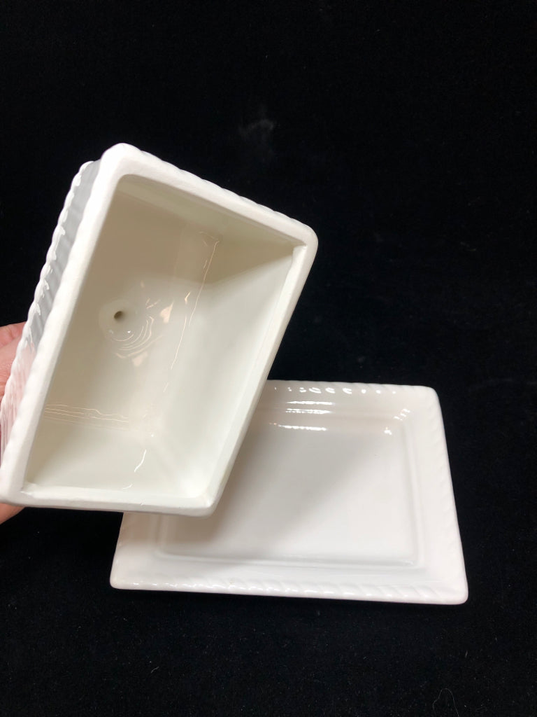 WHITE CERAMIC BUTTER DISH W/BUTTER DECAL.