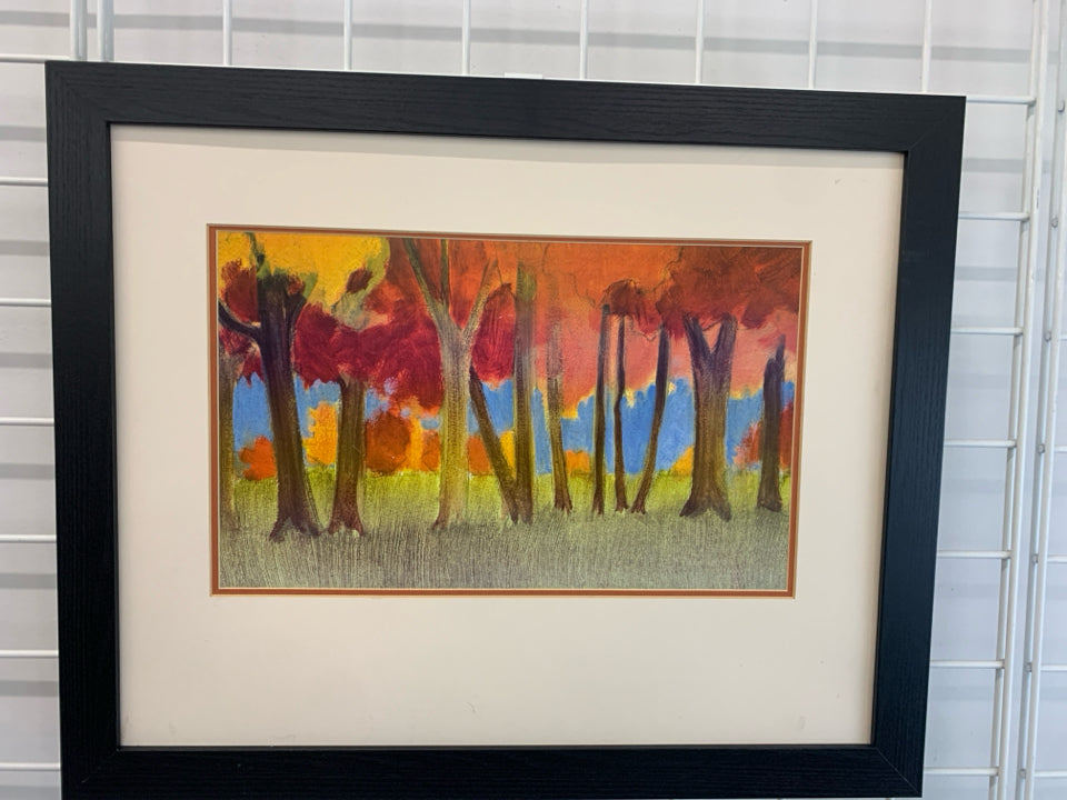ORANGE & RED TREE IN FIELD BLACK FRAME WALL HANGING.