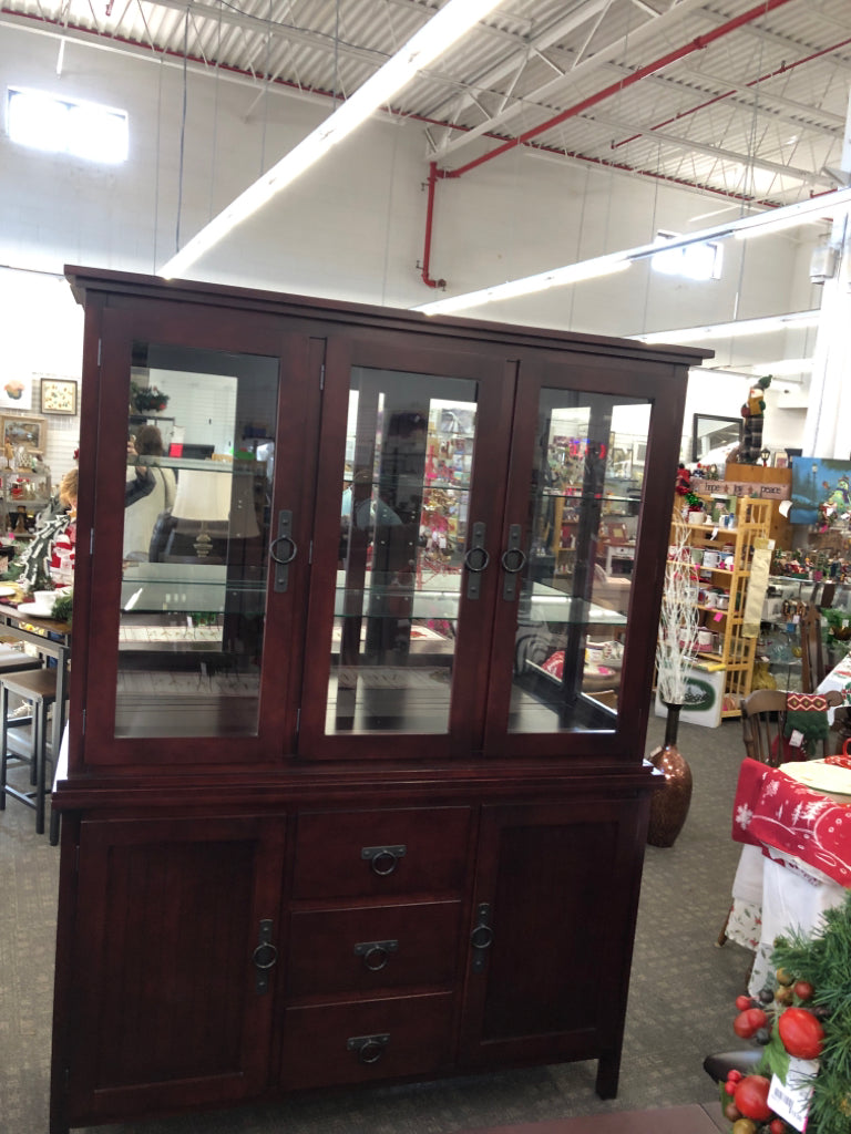 DARK DINING HUTCH-LIGHT UP GLASS UPPER, DRAWER + CABINET LOWER/ CIRCLE HARDWARE.