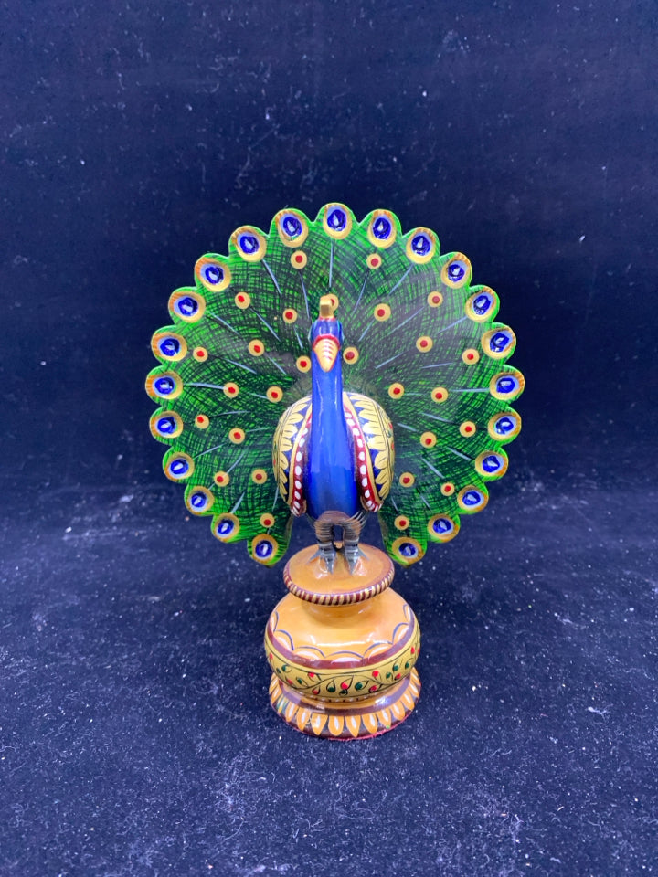 WOOD CARVED PAINTED PEACOCK.
