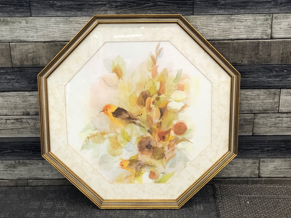 VTG ORANGE AND YELLOW WATER COLOR BIRDS ON BRANCHES IN GOLD OCTAGON FRAME.