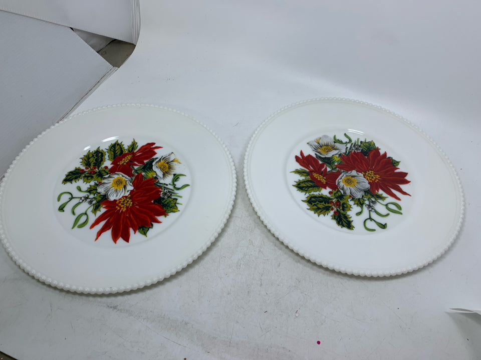 MILK GLASS WESTMORELAND PAINTED CHRISTMAS BOUQUET PLATE W/ BEADED EDGE.
