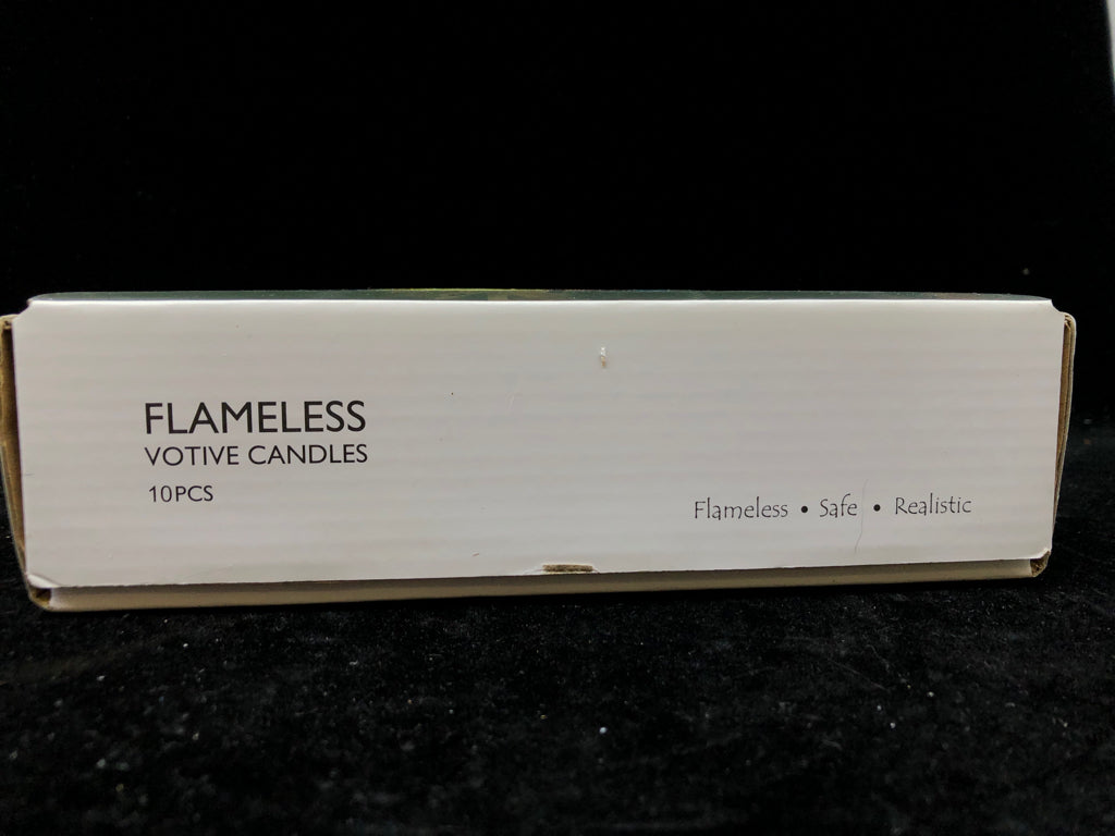 10PC FLAMELESS VOTIVE CANDLES IN BOX.