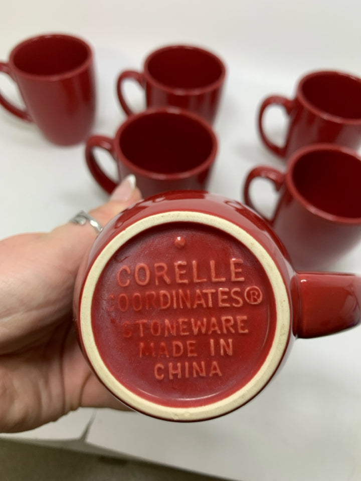 6 DARK RED COFFEE MUGS.
