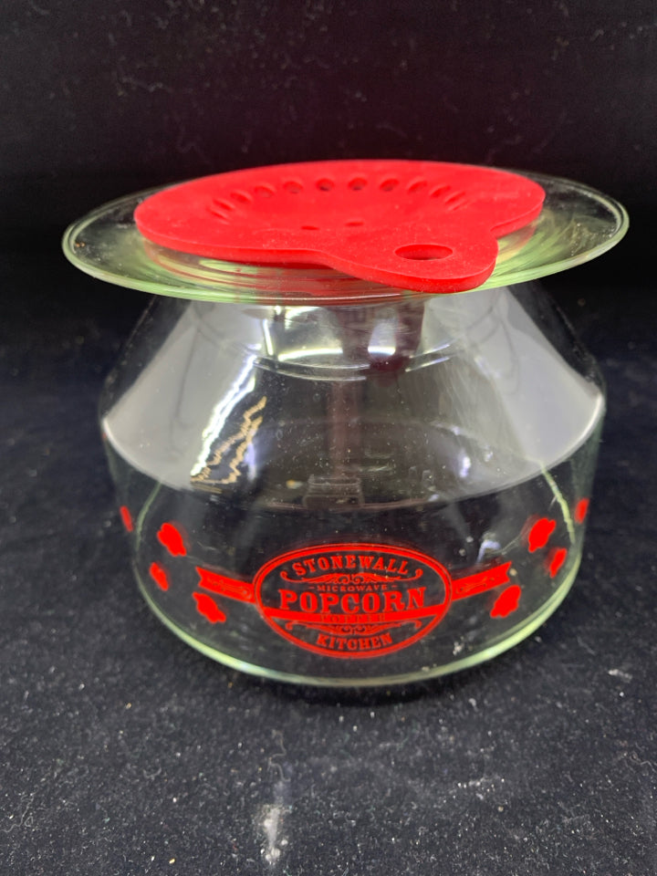 GLASS STONEWALL POPCORN POPPER W/ RED RUBBER TOP.