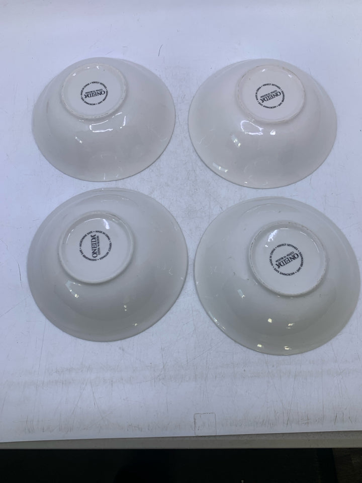 4 CEREAL BOWLS W/ YELLOW RIM W/ PLANTED FLOWERS.