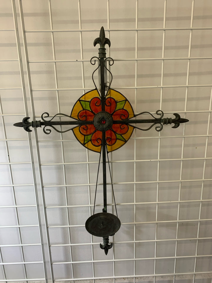 HEAVY METAL STAIN GLASS CROSS WALL SCONCE.