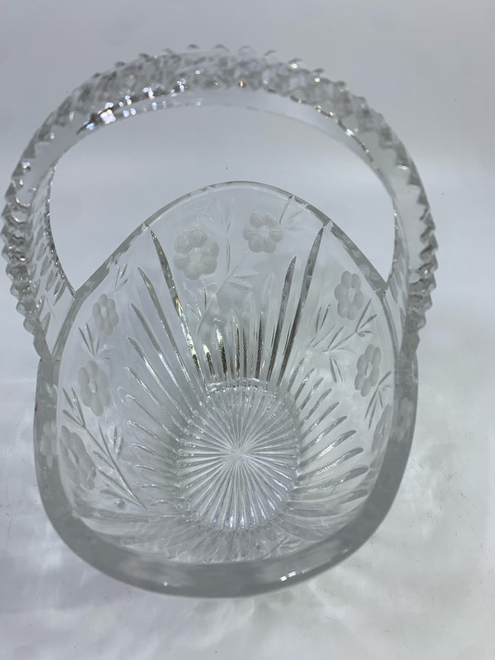 CUT GLASS HANDLE OVAL SHAPED W/FROSTED FLORAL DESIGN.