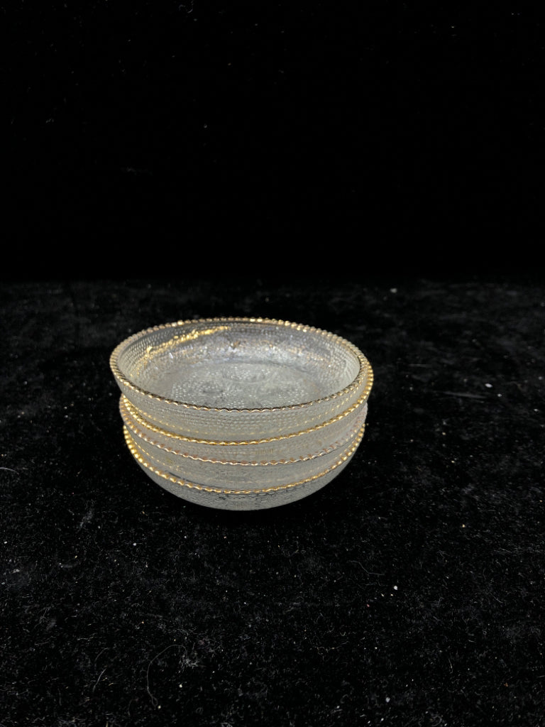 4 ROUND VTG GLASS COASTERS W GOLD RIM.