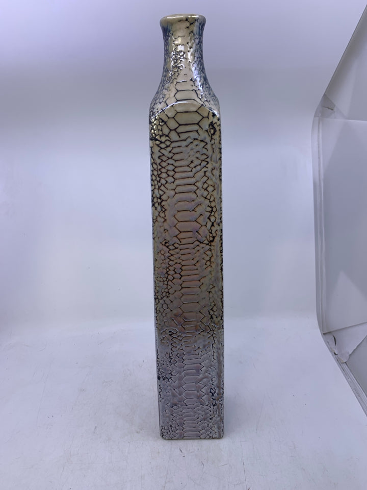 CERAMIC IRIDESCENT SNAKE SKIN PATTERN TALL VASE.