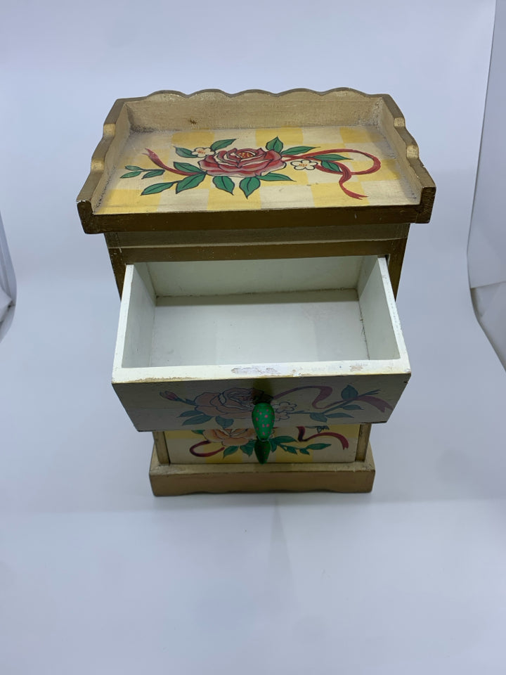 VTG YELLOW PAINTED ROSES JEWELRY BOX W 3 DRAWERS.