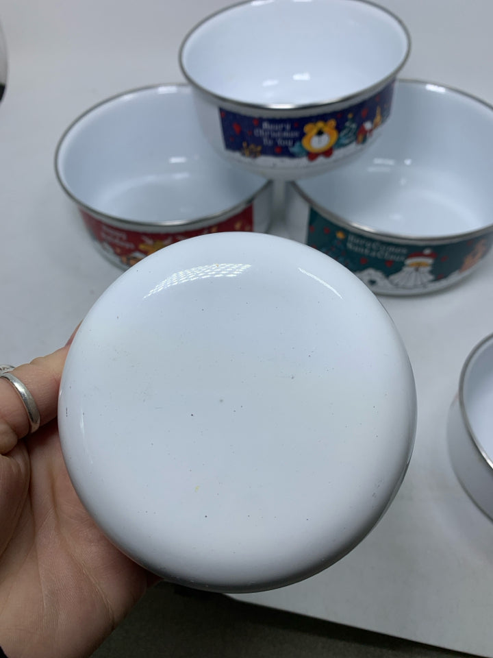 5 NESTING WHITE ENAMEL BOWLS W/ DIFFERENT CHRISTMAS SCENES & LIDS.