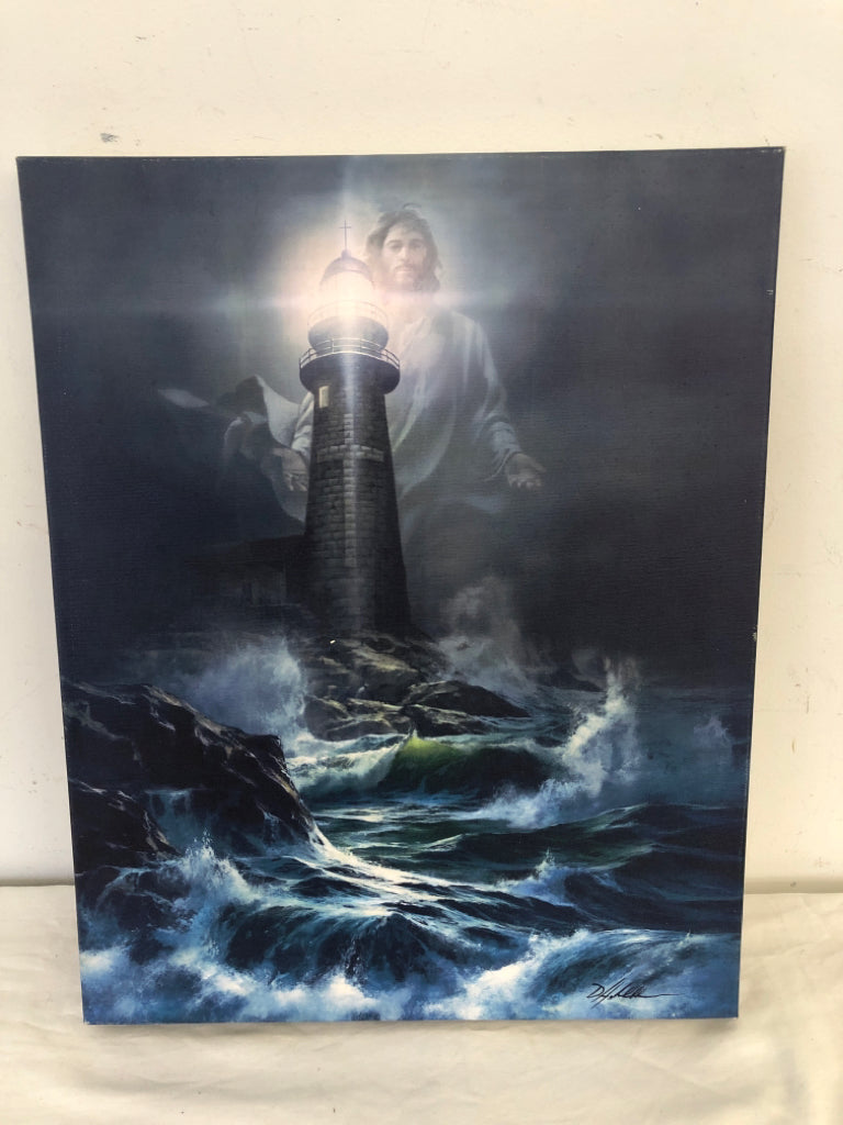 JESUS OVERLOOKING A LIGHT HOUSE CANVAS.