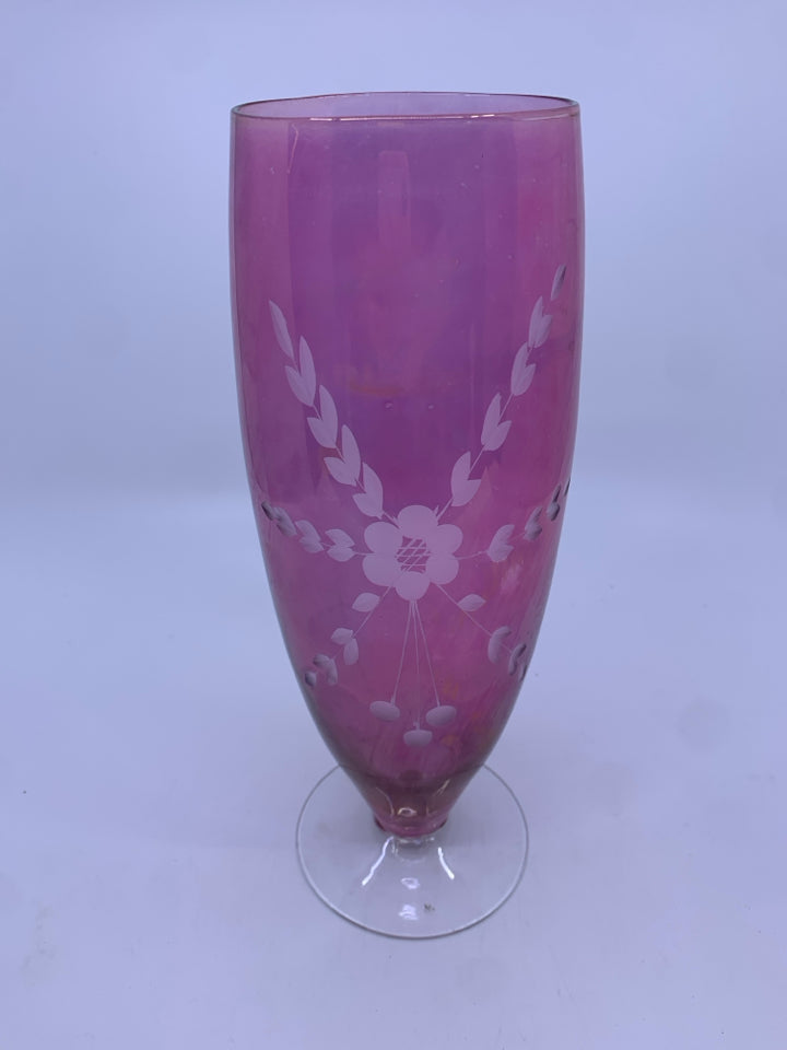 IRIDESCENT FLORAL ETCHED GLASS VASE.