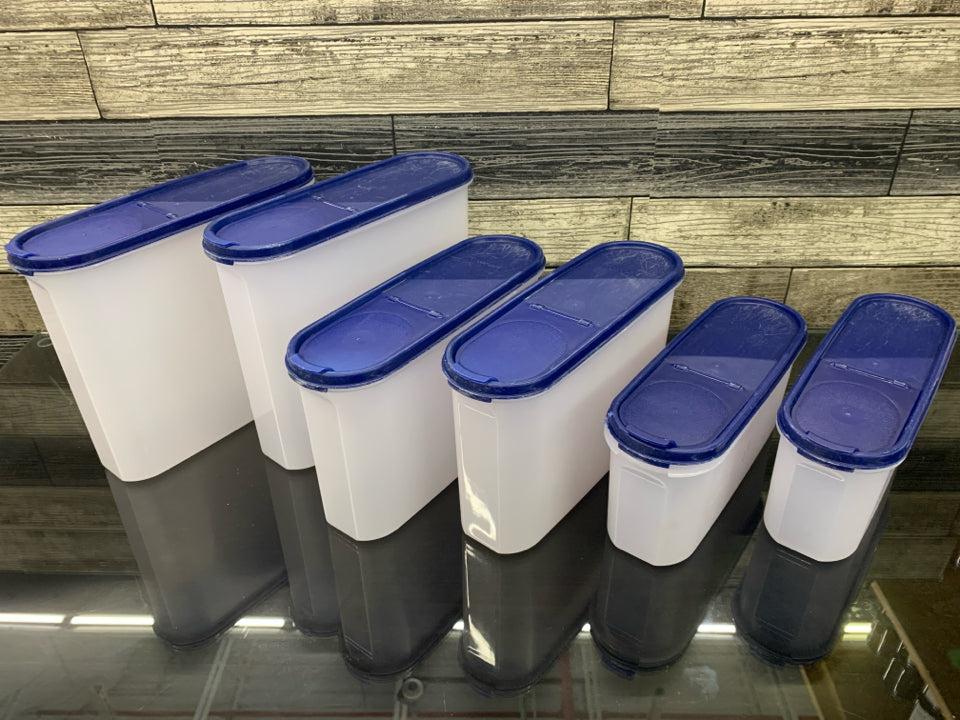 6 PC PANTRY SET W BLUE LIDS.