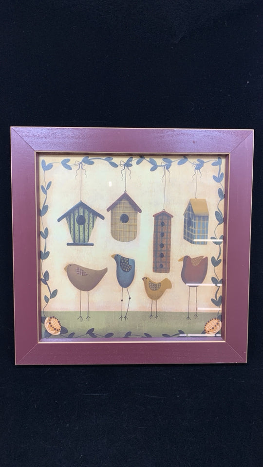 PRIMITIVE BIRDS W/BIRD HOUSES IN RED FRAME.