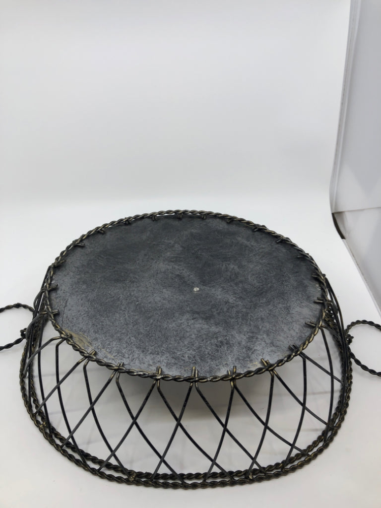 DISTRESSED METAL OVAL BASKET W HANDLES.