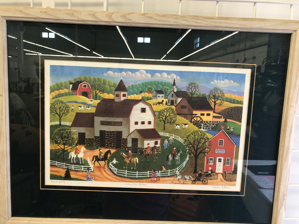 BARN + HORSES- COUNTRY RIDERS- SIGNED LITHOGRAPH - STEVEN KLEIN.