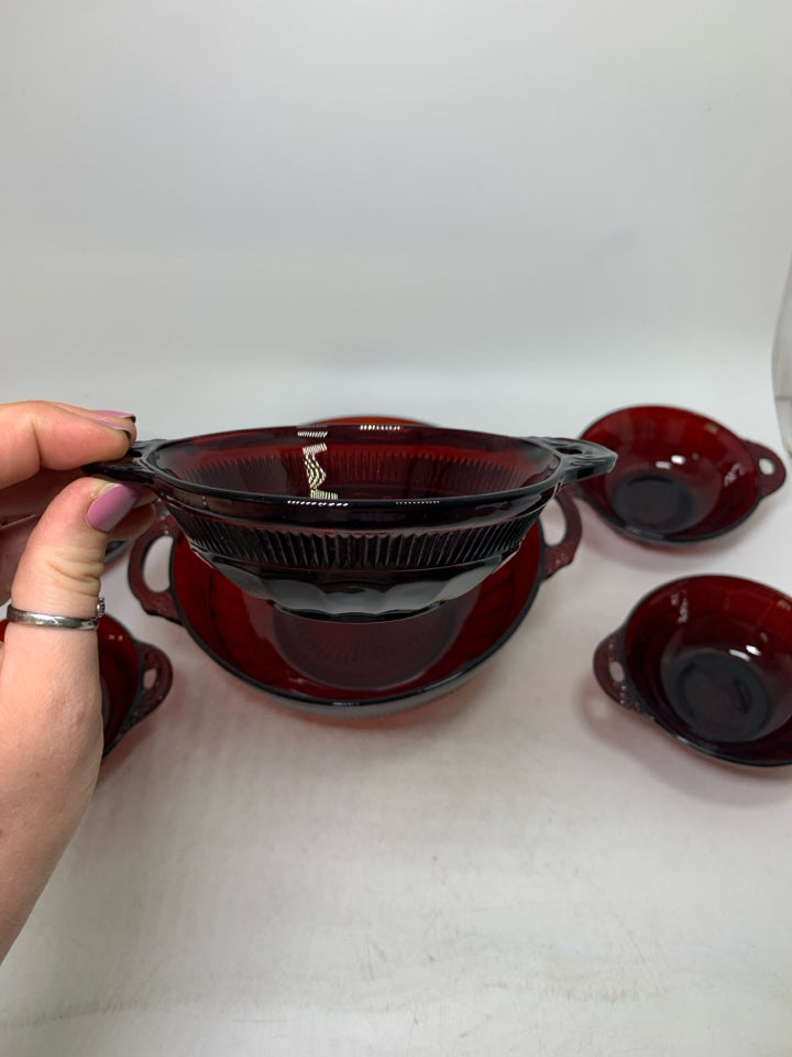 6 PC VTG RUBY RED BERRY BOWLS W/ HANDLES .