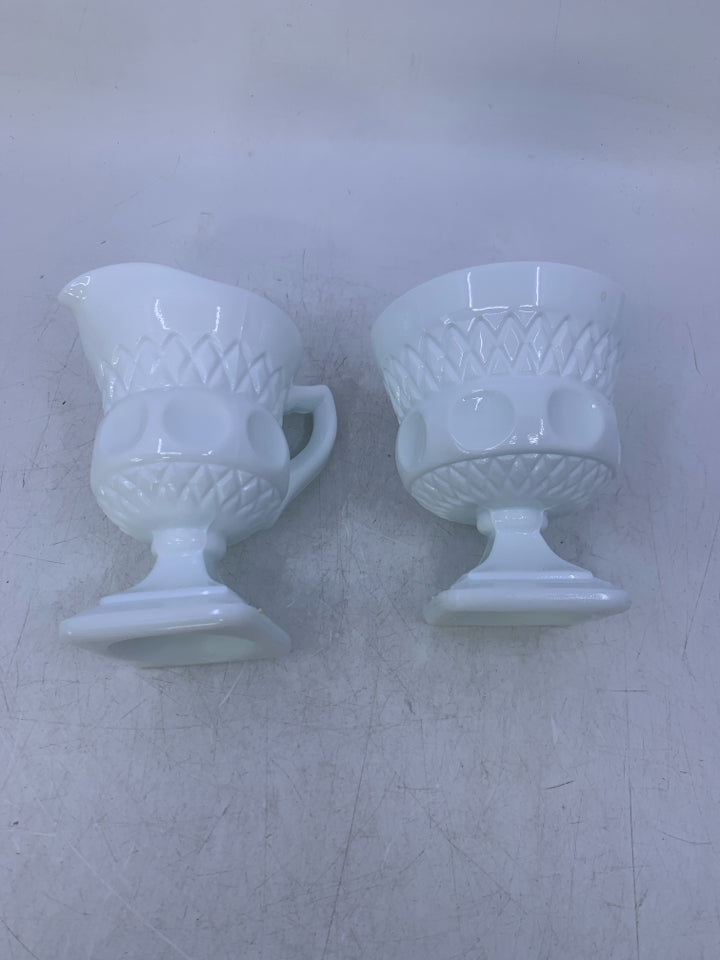 FOOTED MILK GLASS SUGAR CREAMER SET CIRCLES/DIAMONDS.