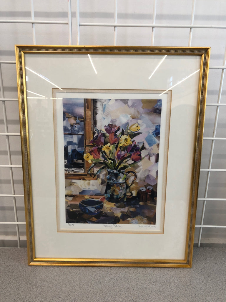 SPRING PITCHER WATERCOLOR ART IN GOLD FRAME.