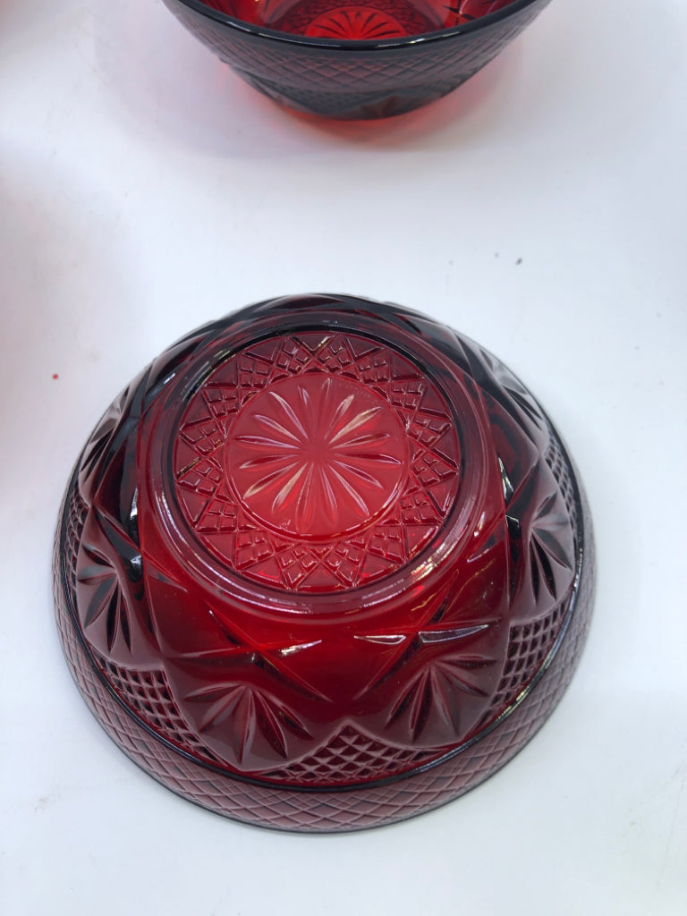 4 CRANBERRY GLASS CUT GLASS BOWLS.