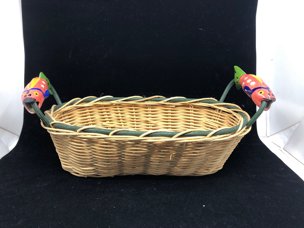 OVAL BLONDE BASKET W/ GREEN TRIM CERAMIC SALMON HANDLES.