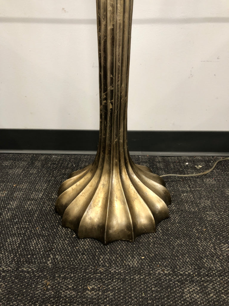 GOLD BASE FLOOR LAMP W WHITE RUFFLED SHADE.