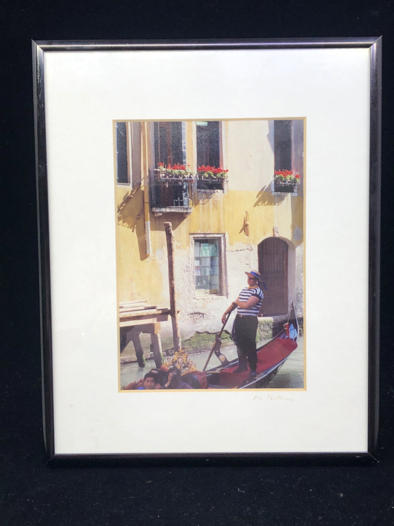 MAN ON GONDOLA VENICE ITALY PHOTO WALL HANGING IN BLACK FRAME.