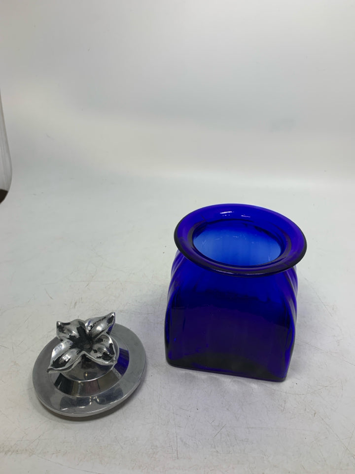 COBALT BLUE GLASS CANISTER W/ METAL FLOWER LID.
