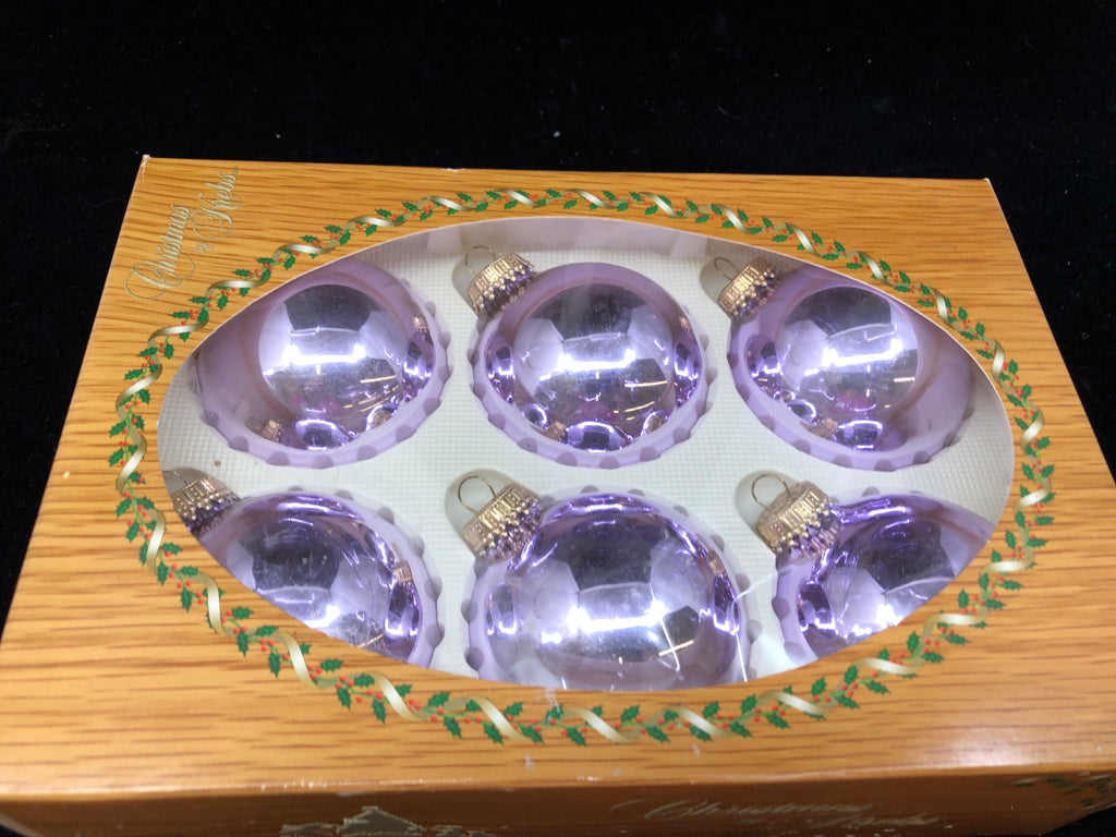 6PK VTG PURPLE GLASS ORNAMENTS IN BOX.
