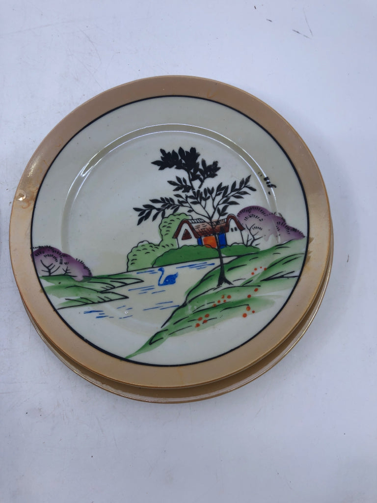 6 VTG ORANGE LUSTRE LANDSCAPE SALAD PLATE.