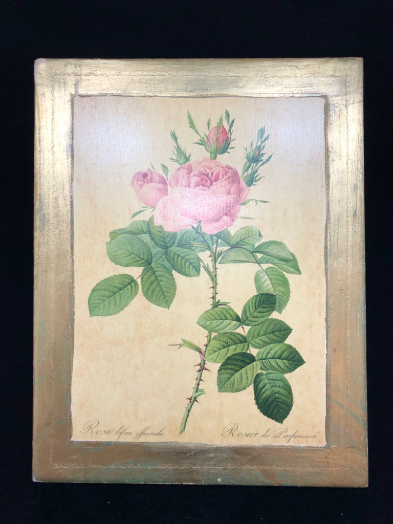 VTG STYLE ROSE PAINTING IN PAINTED GOLD FRAME.