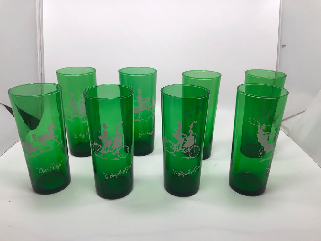 8 VTG "GAY NINETIES" FOREST GREEN TUMBLERS.