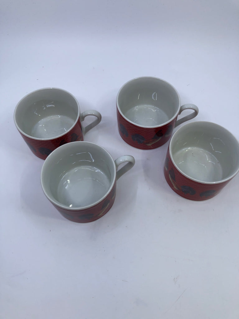 4 SHALLOW RED ROOSTER MUGS.