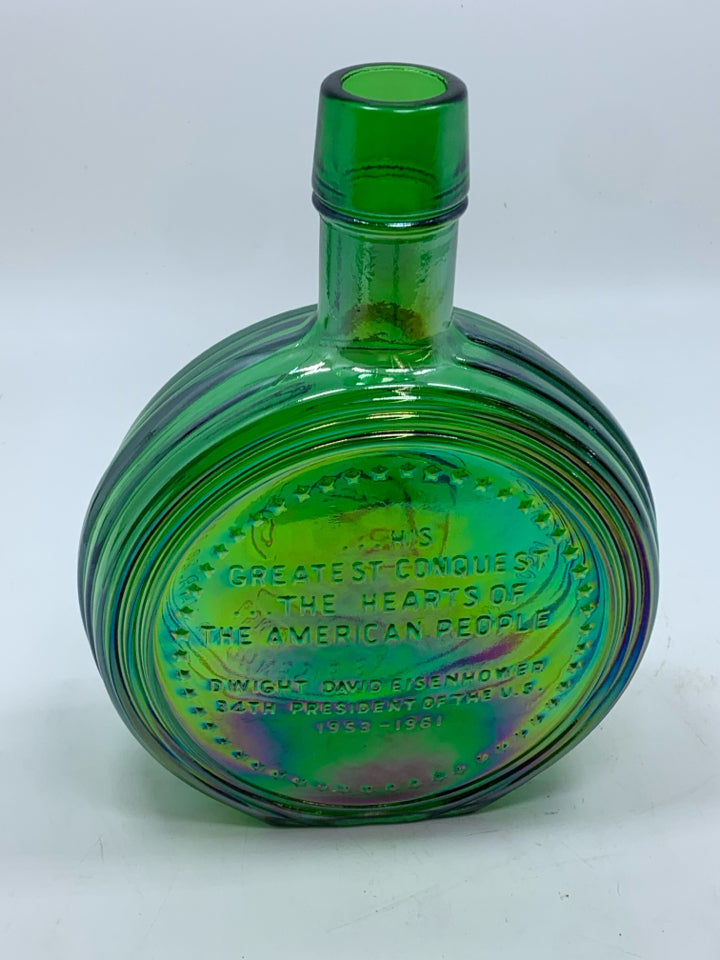 VTG GREEN IRIDESCENT GLASS EISENHOWER EMPTY BOTTLE.