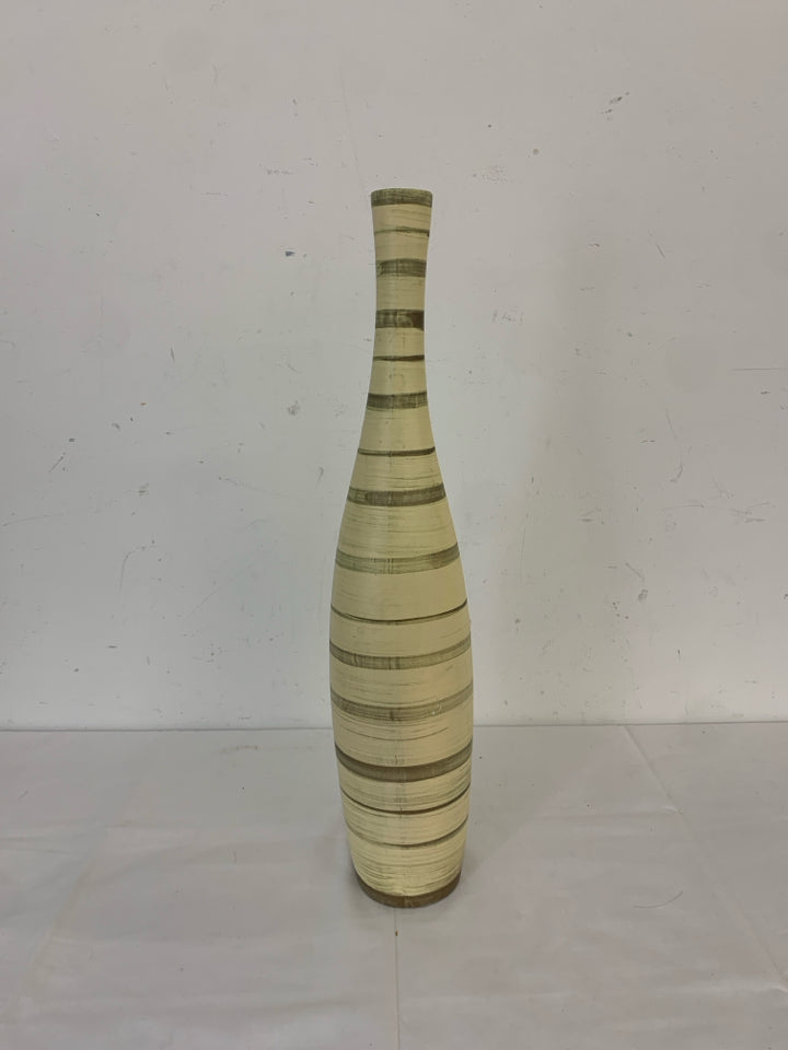 TALL CREAM STRIPED VASE W NARROW TOP.