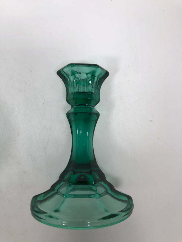 2 GREEN GLASS CANDLE STICK HOLDERS.