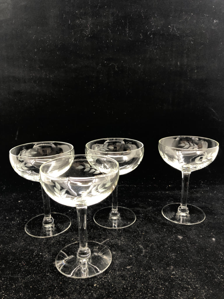 4 ETCHED SMALL WINE COUPE GLASSES.