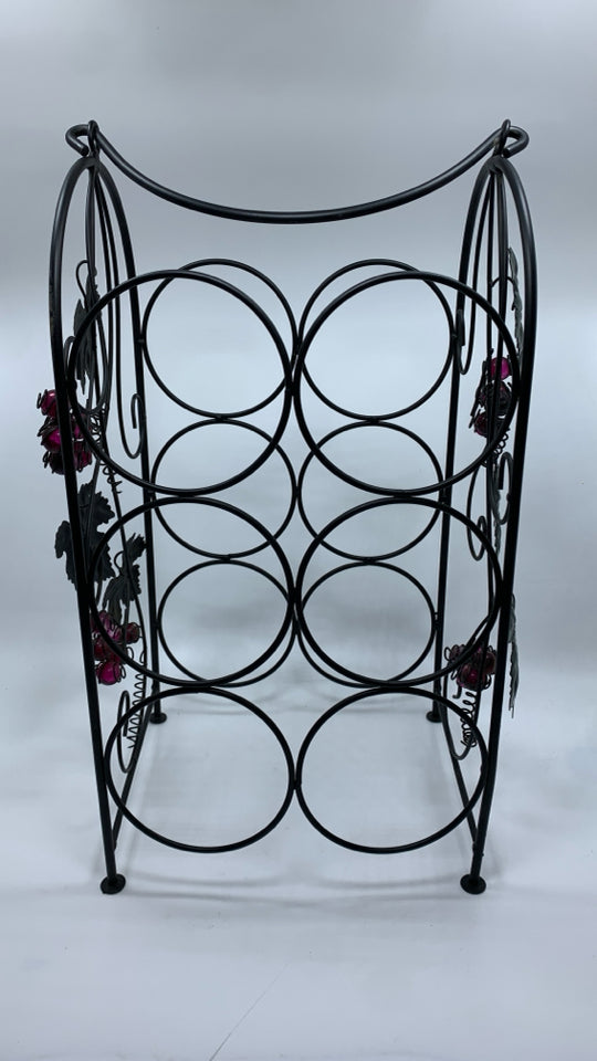 BLACK METAL WINE RACK W/BEADED GRAPES.