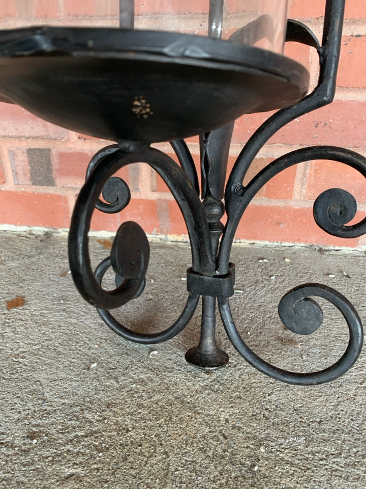 HEAVY WROUGHT IRON CLEAR GLASS DOME HANGING CANDLE HOLDER.