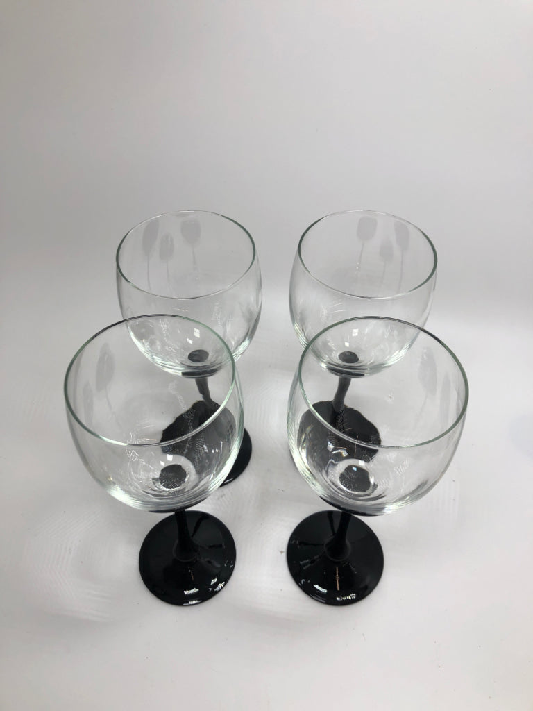 4 BLACK STEMMED WINE GLASSES MADE IN FRANCE.