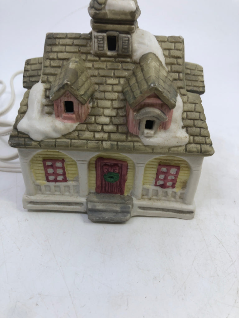 CERAMIC VILLAGE HOME WHITE HOUSE W/ PINK DOOR & SHUTTERS.