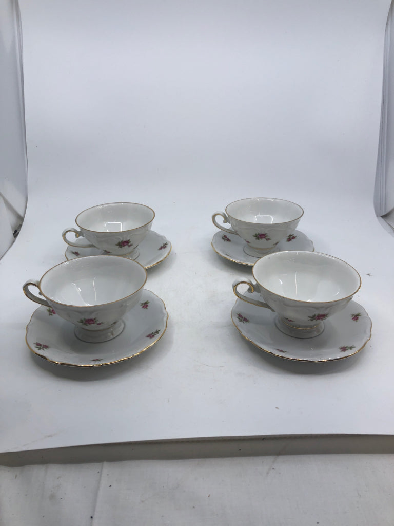 8 PC CUP/SAUCER SET WHITE W/ PINK ROSES GOLD RIM BAVARIA.