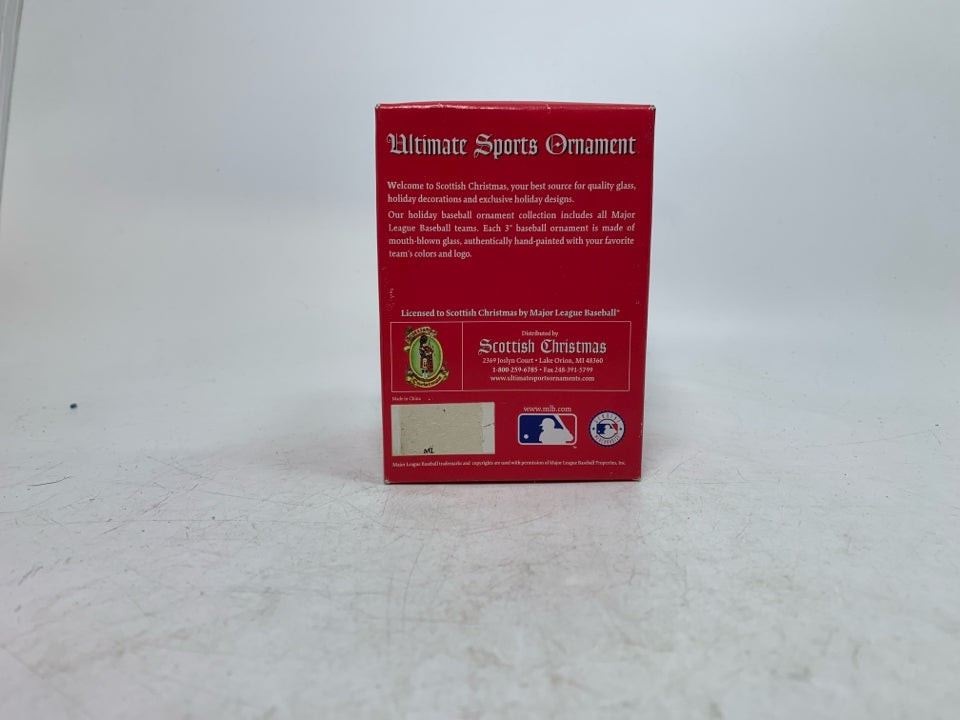 IN BOX SCOTTISH CHRISTMAS BLUE RED SOX ORNAMENT.