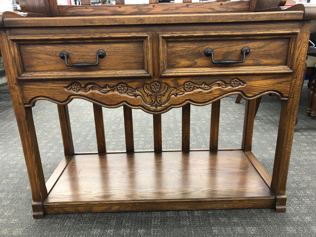 DARK WOOD 3 SHELF W 2 DRAWERS CARVED FLOWER DESIGN.